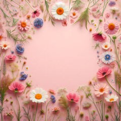 Pink and White Flowers Arranged in a Circular Frame on a Pink Background