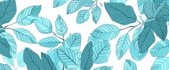 Obraz premium Abstract luxury art background with tropical leaves. Watercolor design in art line style in green and blue colors for wallpaper, decor, and interiors.