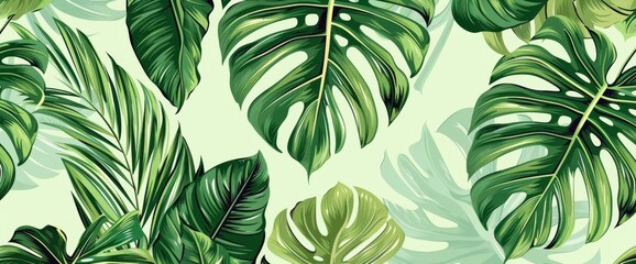 Green tropical forest wallpaper featuring monstera leaves, palms, branches in a hand-drawn pattern. Exotic plants background for banners, prints, decor, and wall art.