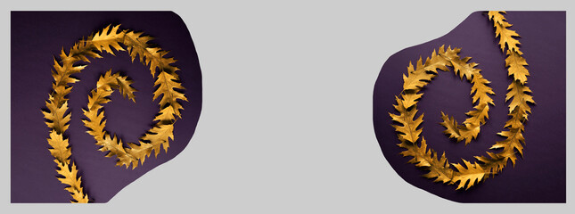 Withered red oak leaves on a dark background. Unfolding leaf spiral composition. Autumn backgrounds. Banner. Image manipulation. Minimalism, artistic abstraction