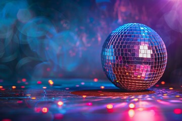 Disco ball sphere with colorful disco lights for party nights , wallpaper background with copy space.