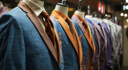 Row mannequins clothing store luxury men's suits in