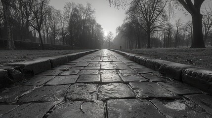 A serene black and white photograph capturing a tree-lined path leading into the horizon with intricate cobblestone details illuminated by the sun in the distance