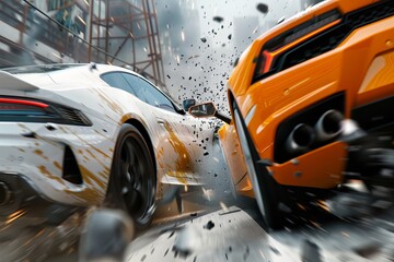 Cinematic high speed collision of orange and white cars, hyper realistic detail, unreal engine style
