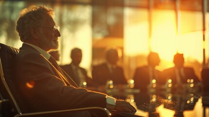 A business team in a conference room during a meeting, with golden sunlight streaming through large windows. The focus is on a man with glasses, deep in thought.