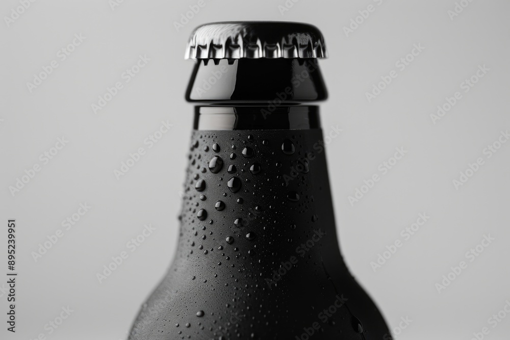 Poster a close-up view of a beer bottle with water droplets on its surface