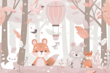 Children's room wallpaper with animals and pastel colors. Using generative AI.