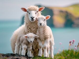 Fototapeta premium A curious sheep and her two lambs stand together, with the scenic backdrop of Vestmannaeyjar, highlighting the serene beauty of nature.