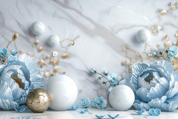 A 3D wallpaper with white jewelry flowers and blue diamonds on a white marble background