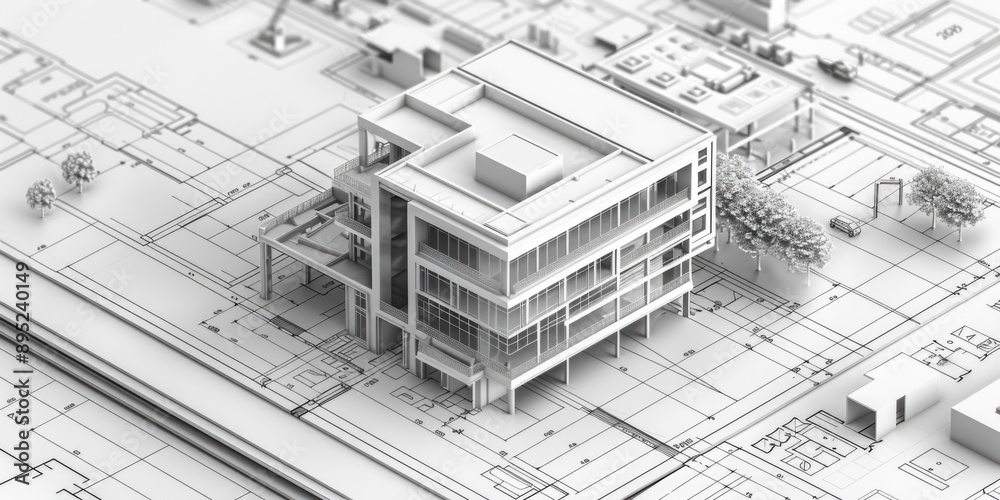 Aufkleber Architecture design concept with a 3D building model placed on a blueprints sheet