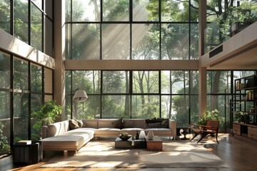 A warm living room with comfortable furniture and plenty of natural light from large windows