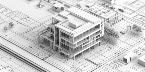 Architecture design concept with a 3D building model placed on a blueprints sheet