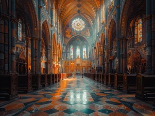 Obraz premium The magnificent interior view of an intricately designed historical cathedral, featuring awe-inspiring stained glass windows, grand archways, and elaborately detailed architectural elements