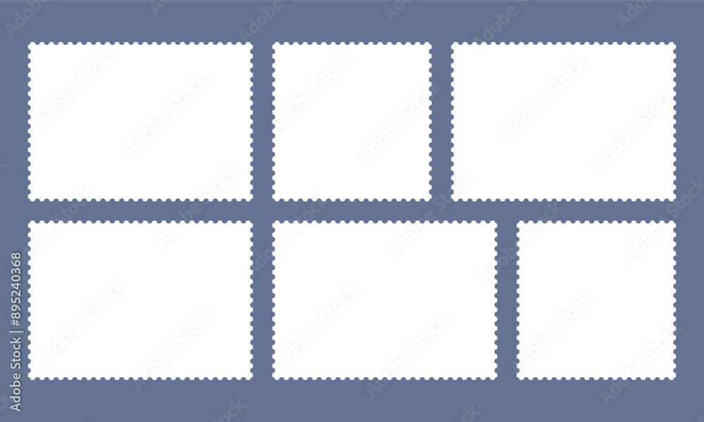 Wall mural Set of postage stamps in white with zigzag edges in horizontal and square format, arranged symmetrically in two rows. Mockup for design. Vector illustration of table with frames.