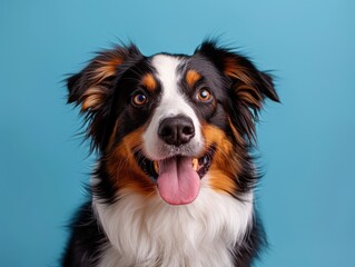 A studio headshot portrait of a happy and attentive border collie against a light blue background, showcasing its playful expression and distinctive fur markings.