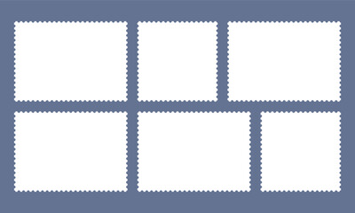Set of postage stamps in white with zigzag edges in horizontal and square format, arranged symmetrically in two rows. Mockup for design. Vector illustration of table with frames.