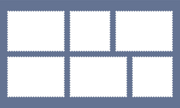 Set of postage stamps in white with zigzag edges in horizontal and square format, arranged symmetrically in two rows. Mockup for design. Vector illustration of table with frames.