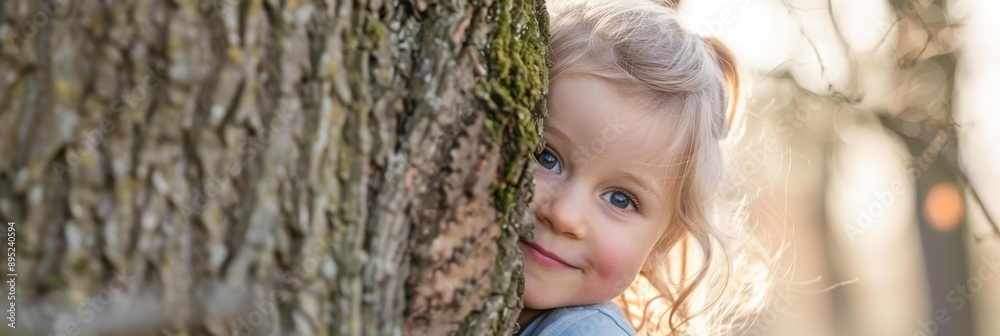 Poster A young girl hides behind a tree trunk, peeking out with a smile. AI.