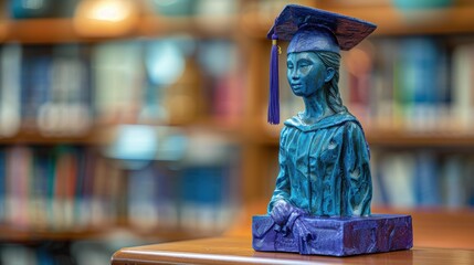 A blue graduation statue stands on a wooden surface. AI.