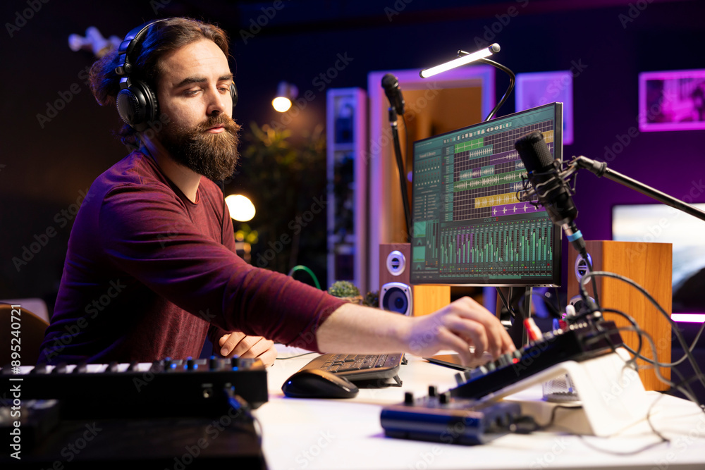 Poster professional sound engineer creating music on mixing console, twisting pre amp knobs and listening t