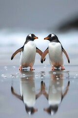 Obraz premium Two penguins holding flippers, standing on a wet beach, with reflections on the water