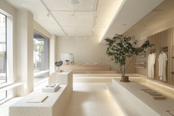 Modern shop with minimalistic design, beige tones, and well-arranged clothing displays