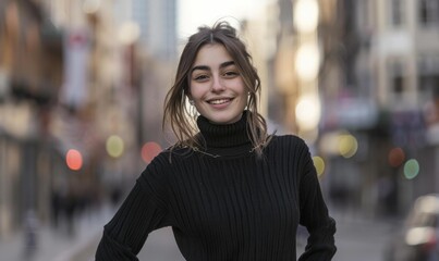 Fototapeta premium A young woman smiles at the camera. AI.