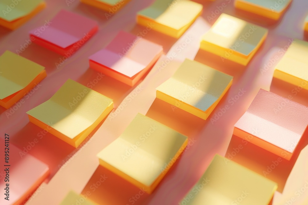 Poster a collection of colorful sticky notes on a flat surface, often used for jotting down reminders or id