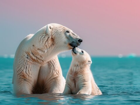 A touching moment captured of a polar bear and its cub nuzzling in the blue waters of Svalbard, under a beautiful pink sky.