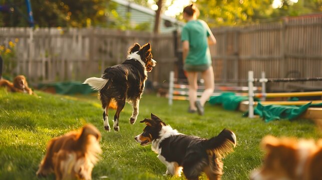 A lively dog agility session in a backyard featuring a border collie navigating through obstacles under the guidance of a trainer with other dogs observing closely