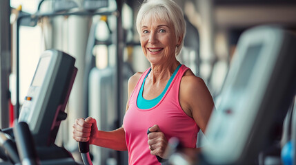 Joyful senior woman jogging on a treadmill at the gym, embodying health and fitness in her later years, active elderly female pensioner working out