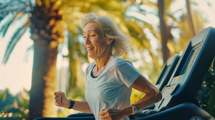 Radiant and joyful elderly woman running on the treadmill, enjoying her exercise session, fit and active senior female pensioner embracing fitness