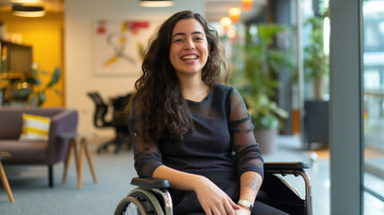 Smiling disabled woman sitting in a wheelchair, enjoying her work in a diverse and inclusive office, thriving in an accessible and fun workplace, happy mixed race lesbian employee