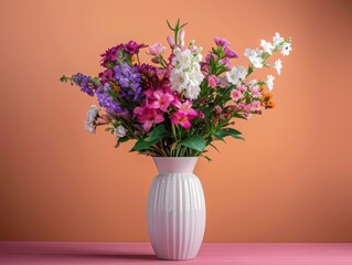 Naklejka premium A studio shot of a white vase filled with vibrant, assorted flowers, set against a warm, orange background. The arrangement includes pink, purple, and white blooms.