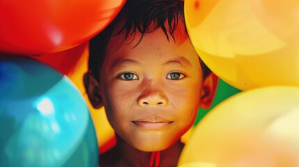 Obraz premium A young boy smiles through a colorful array of balloons. AI.