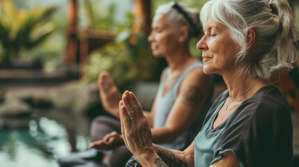 Senior women enjoying meditation at a serene spa retreat, practicing yoga and deep breathing exercises for mental health and anxiety management