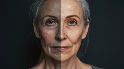 Age transformation concept showing a woman's face split in half, one side aged and the other youthful. High detail, focused, and dark background. Suitable for medical, beauty, and skincare themes. AI