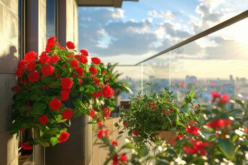 Obraz premium Balcony with red flowers overlooking the city skyline