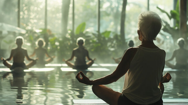 Elderly women meditating in a tranquil spa retreat, performing yoga and deep breathing exercises, focusing on mental health and anxiety reduction