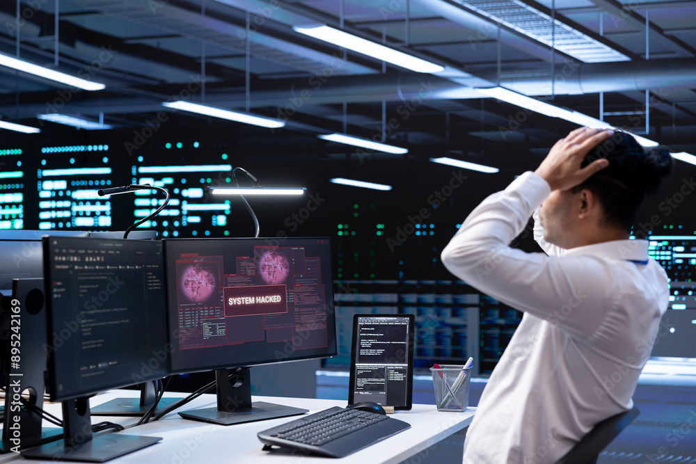 Poster technician in server hub doing face palm gesture, trying to protect hardware from hacker stealing in