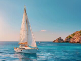 Fototapeta premium Aerial drone view of a sailing boat navigating the tranquil, turquoise waters of Salina Bamba Beach. Rocky cliffs and clear skies create a picturesque seascape.