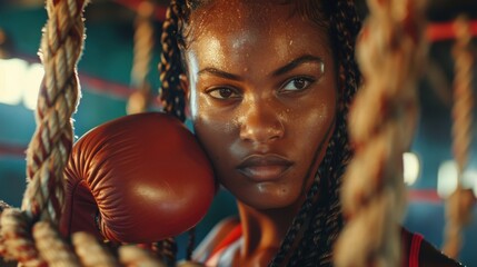 A young female boxer looks away thoughtfully while resting on the ropes in a boxing ring. Her sweaty face and determined expression reflect her focus and dedication.