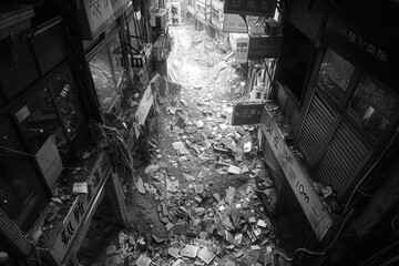 Obraz premium A narrow alleyway in an urban area is filled with rubble and debris, showcasing the aftermath of a significant event, possibly a natural disaster or demolition in black and white