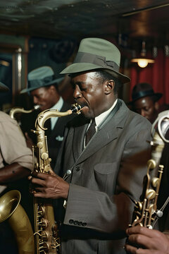 Jazz Musician Playing Saxophone in Vintage Suit and Hat at a Nightclub