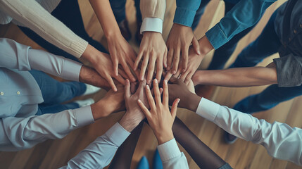 Business team from above, hands joined together in a gesture of unity and cooperation in the office. The diverse group of professionals creates a strong circle of trust and collabo