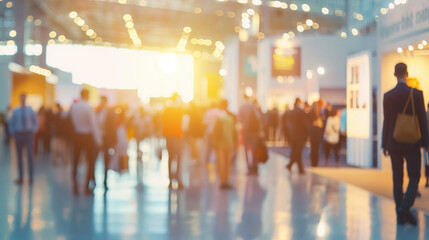 A hazy snapshot of a business exhibition, with people mingling and exploring various booths filled with products, creating a sense of activity and energy