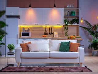 Modern interior kitchen with white cabinets, wooden countertops, and warm lighting. A cozy white couch with colorful pillows is placed in the foreground.