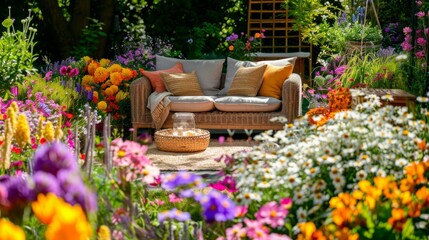 Scandinavian wicker sofa and a low table on a patio surrounded by bright and colorful flowers generative ai