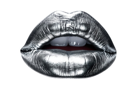 Highly detailed photo of lips covered with silver lip gloss isolated on white