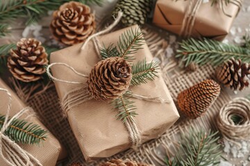 To elevate your Christmas gift wrapping, add pine cones and fresh evergreen sprigs for a rustic yet elegant festive touch. Create a stylish and sustainable look with natural greenery